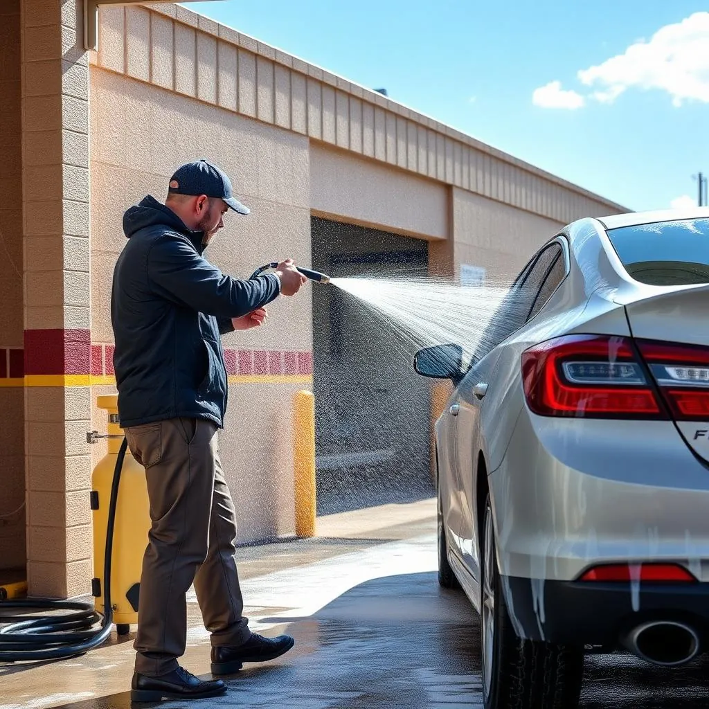 Person spraying a car at a self serve car wash bay